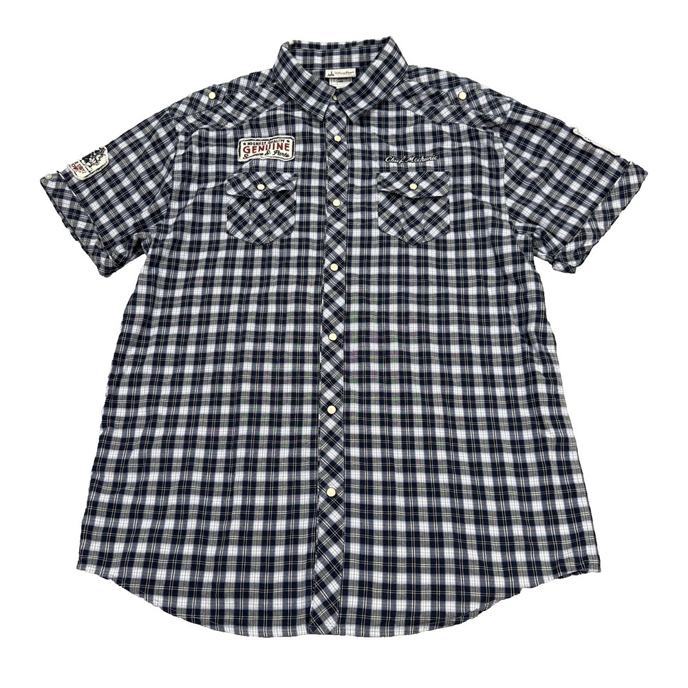 Disney Parks Mickeys Cycle Works Motorcycle Plaid Snap Shirt Size Large EUC